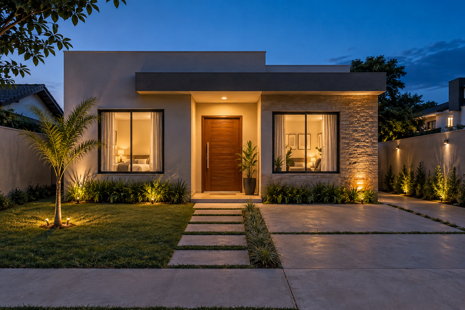 Casa compacta contemporânea ao entardecer