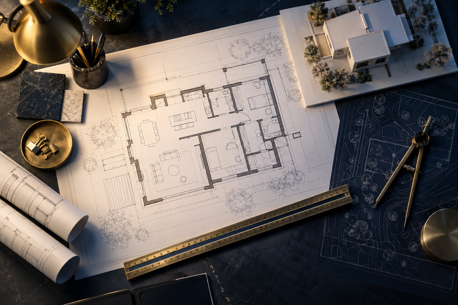 Planta arquitetônica com maquete de uma residência